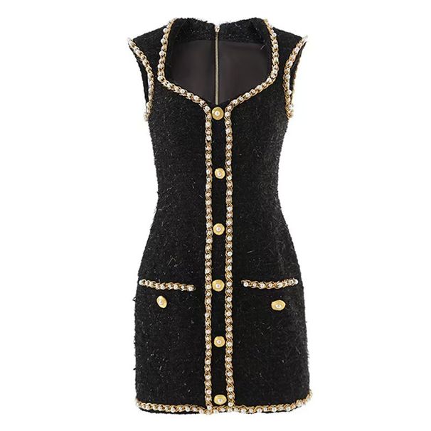 K High End Nail Bead Coarse Tweed Pearl Trimmed Sleeveless Dress With Cinched Waist And Socialite Style Short Skirt_ecoleips.com