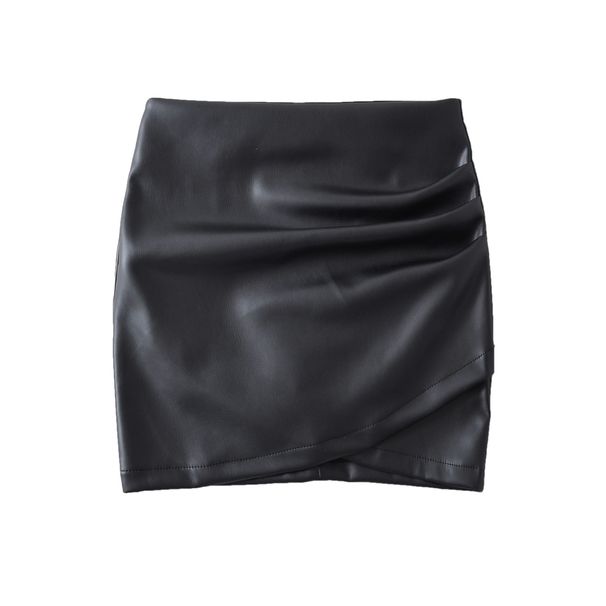 Black Pleated Irregular Mini Leather For Women, 2023 Autumn Winter New Style, European And American Hot Girl Tight_ecoleips.com