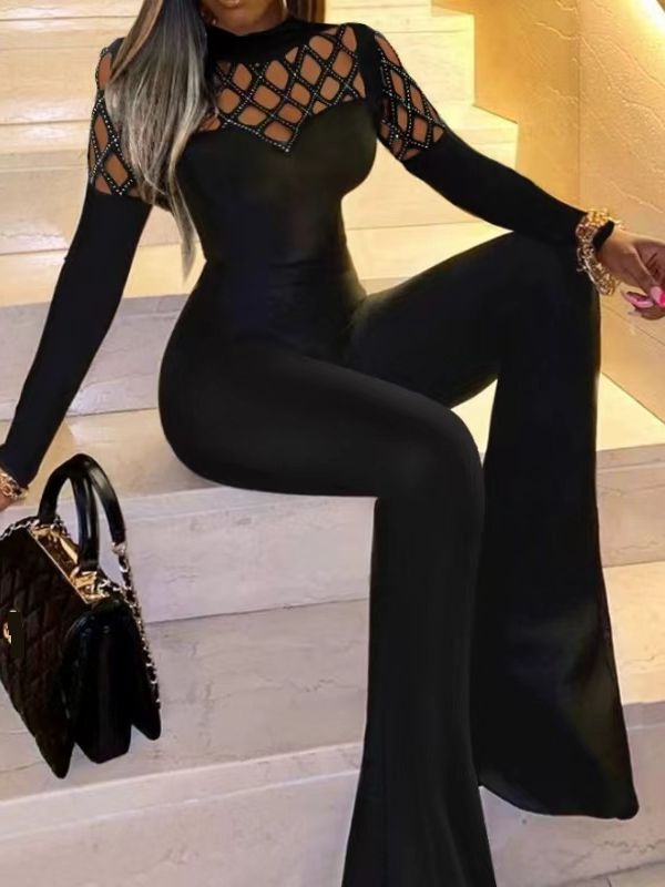 Women's Clothing Fashion Stitching Sexy Diamond Net Waist Slim Micro Horn Jumpsuit_ecoleips.com