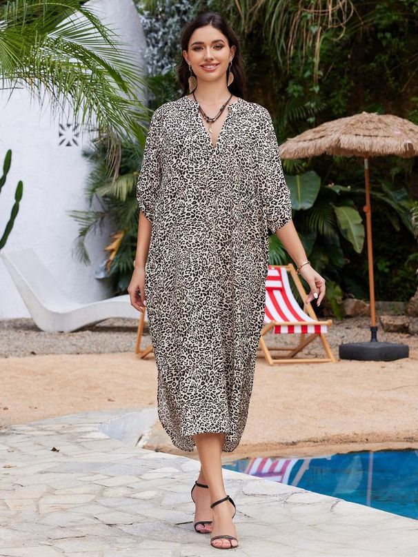 Women's V-Neck Floral Print Cotton Beach Cover-Up Dress - Lightweight Sun Protection Swimwear Cover-Up, One Size Fits Most_ecoleips.com