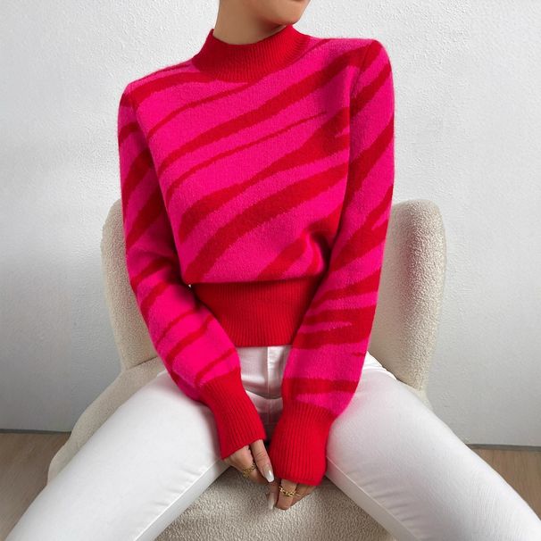 Zebra Print Sweater – Acrylic Knit Top With Round Neck & Long Sleeves (XS-XL, Red, Animal Print, Fall/Winter Fashion)_ecoleips.com