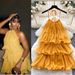 Elegant Yellow Floral French-Inspired Halter Neck Dress With Ruffled Hem & Tiered Skirt For Summer Vacation_ecoleips.com