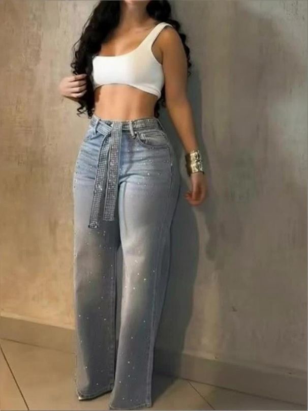 Women's High Waist Wide Leg Jeans Rhinestone Embellished Belted Denim Zipper Jacket England Style Spring/Autumn Fashion_ecoleips.com