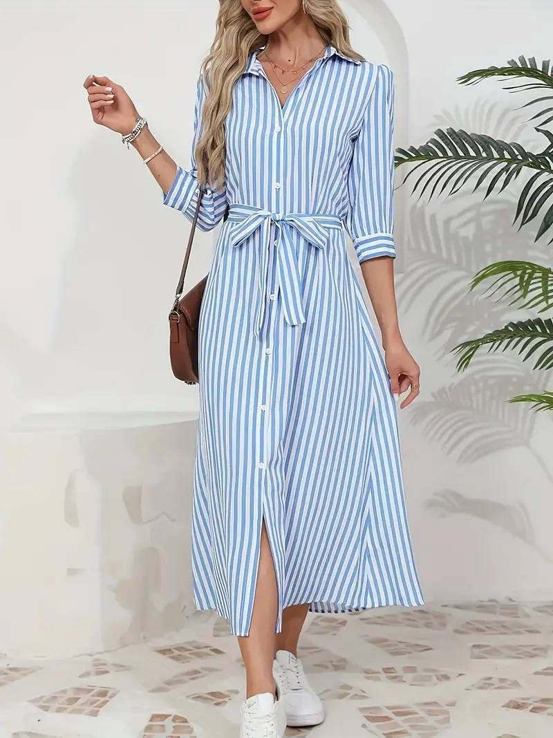 Elegant Temperament Striped Lapel Short Sleeve Dress Women Summer New Style Waist Temperament All Match A Line Skirt_ecoleips.com