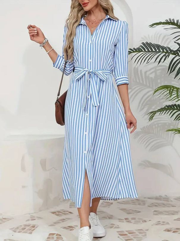 Elegant Temperament Striped Lapel Short Sleeve Dress Women Summer New Style Waist Temperament All Match A Line Skirt_ecoleips.com