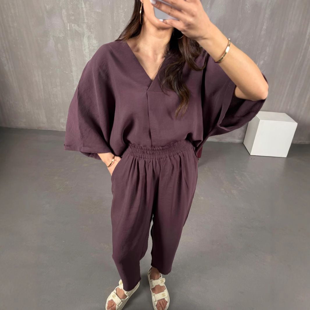Women's Clothing Fashion Casual Suits Spring And Summer New Arrivals Wrinkled V Neck Temperament Sleeve Loose Tops And Pants Two Piece Suit_ecoleips.com