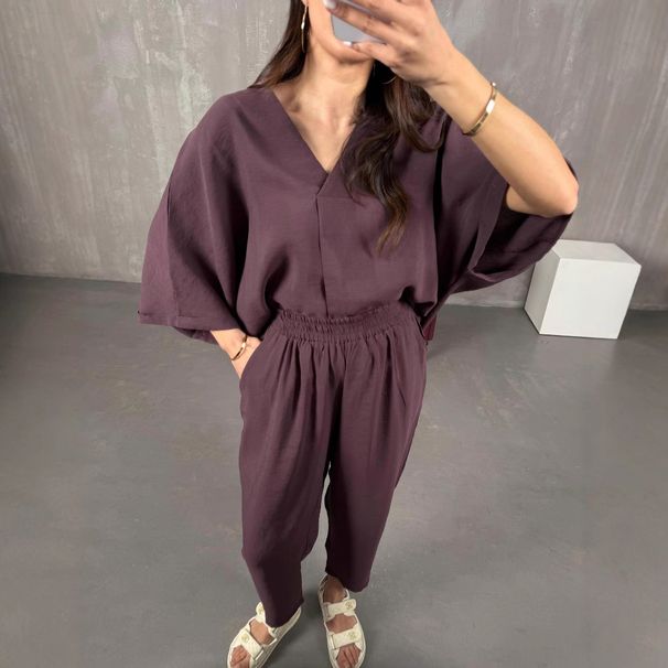 Women's Clothing Fashion Casual Suits Spring And Summer New Arrivals Wrinkled V Neck Temperament Sleeve Loose Tops And Pants Two Piece Suit_ecoleips.com