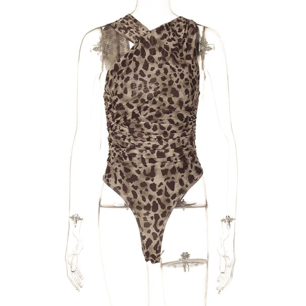 European And American Style Cross-border Women's Clothing New Leopard Print Asymmetric Slim-fit Ruched Mesh Jumpsuit_ecoleips.com