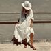 Fashion Women's V-neck Button White Dress Simple Long Sleeved Ruffle Pleated Holiday Dress Summer Beach Hollow Embroidery Dress_ecoleips.com