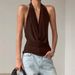French-style Commuter Brown Halter Neck Draped Tank For Women 2026 Spring/Summer Designer Knit Backless Swing Collar Top_ecoleips.com