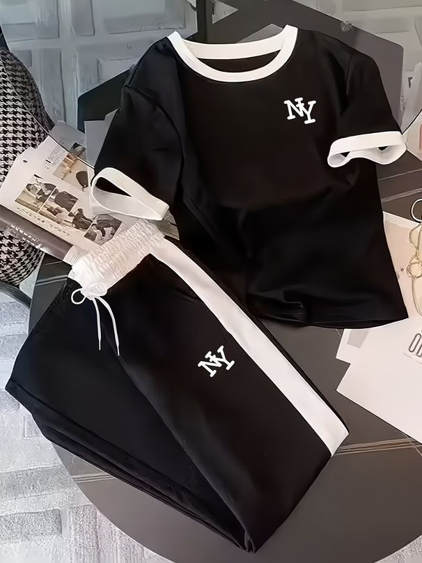 Fashion Women's Casual Two Piece Set Short Sleeved Top And Loose Fitting Trousers 8002 Print Cross Border_ecoleips.com