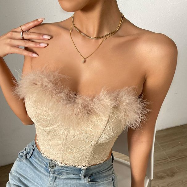 Summer Wear Sexy Lace Low Cut Backless Feather Steel Ring Fishbone Tube Top_ecoleips.com