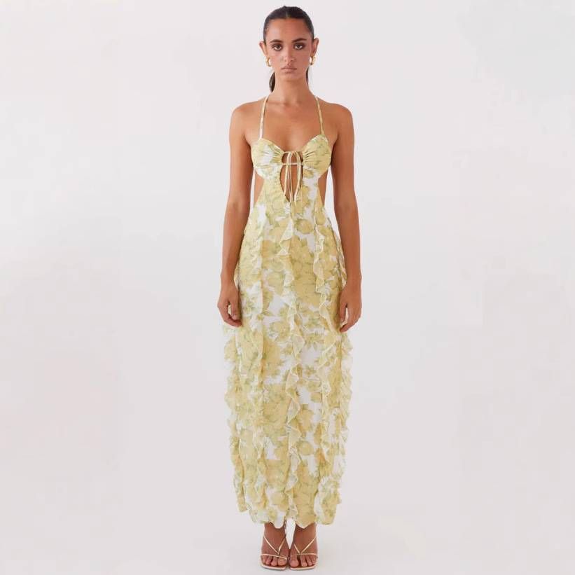Women's Clothing Multiple Wavy Long Beach Suspender Dress_ecoleips.com