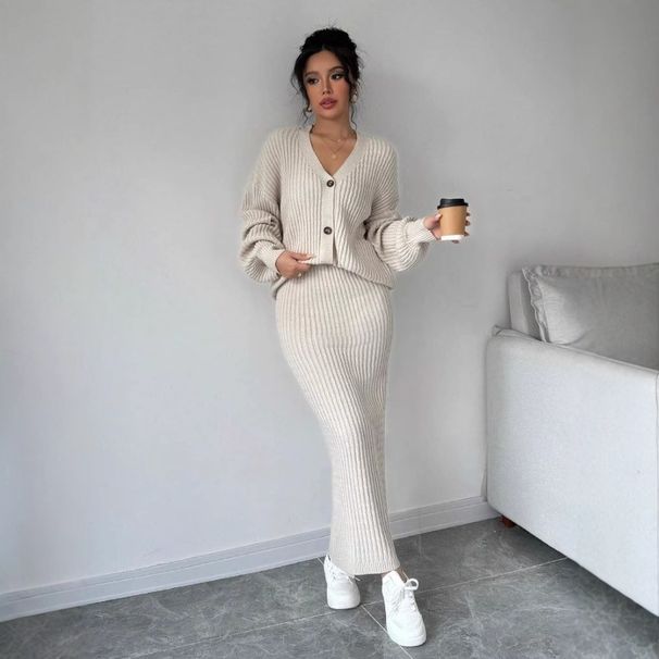 Women's 2-Piece Casual Long Sleeve Sweater & Skirt Set - Soft V-Neck Knit Cardigan & Flowy Skirt Combo,Solid Color Outfit (S/M/L)_ecoleips.com