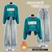 Women's Casual Letter Print Mock Two-Piece Top With Elastic Waist Light Blue Jeans Set - Stylish High Neck Pullover & Relaxed Fit Denim Pants_ecoleips.com