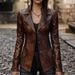 Women's Vintage Faux Leather Jacket – Elegant Long-Sleeve Blazer Coat With Princess Sleeves (Coffee Brown, Slim Fit, Fall/Winter Staple)_ecoleips.com