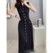 Elegant Retro Southeast Asian Style V Neck Sleeveless Dress Single Breasted Fitted Waist Openwork Crochet Knit Women's Clothing_ecoleips.com