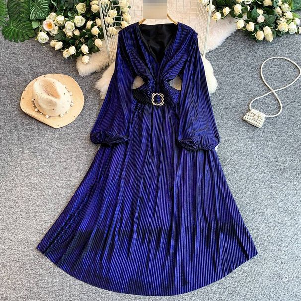Elegant French Style Metallic V Neck Dress For Women Lantern Sleeve Summer Style Fitted Waist Full Skirt_ecoleips.com