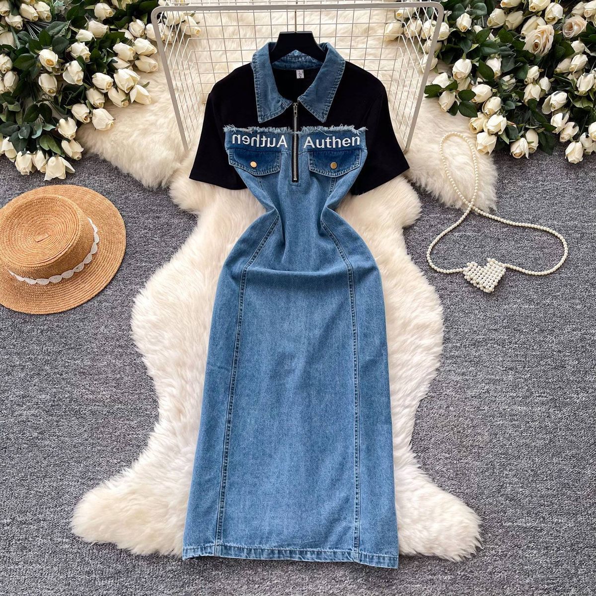 Women's Clothing Style Women's Faux Denim Patchwork Maxi Skirt Slimming Waist Cinching Summer Short Sleeved A-Line Two Piece Dress_ecoleips.com