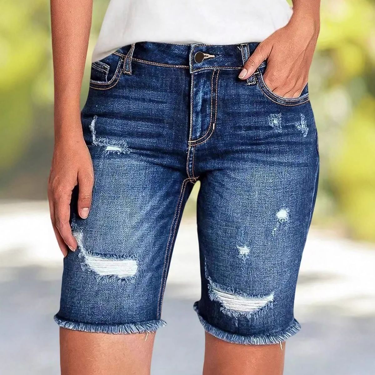 Women's Clothing Plus Size Mid Rise Stretch Denim Shorts For Women Tassel Hand Distressed Spring Summer_ecoleips.com