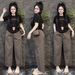Women's Clothing Summer Fashion Set Embroidered Letter Print Short Sleeve Top With Ruffled Wide Leg Pants Two-Piece Outfit_ecoleips.com