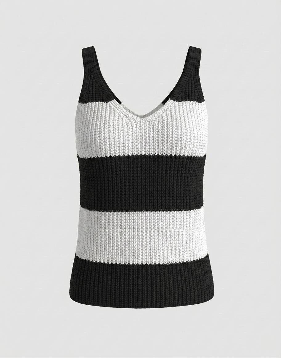 Women's Vacation Style Striped Knit Cami, V-Neck Sleeveless Tank Top_ecoleips.com