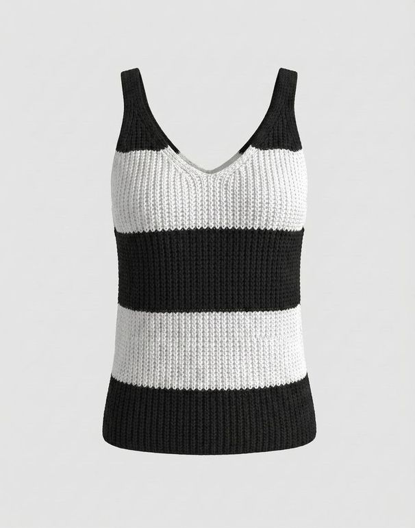 Women's Vacation Style Striped Knit Cami, V-Neck Sleeveless Tank Top_ecoleips.com