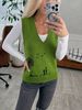 Solid Color Knit Sleeveless Vest, Women's V-Neck With Cartoon Pattern Knitwear_ecoleips.com