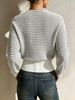 White Grey Stripe Cross Wrap Pit Rib Knit Sweater, Loose V Neck Lightweight Breathable Soft Skin-touch Long Sleeve Pullover_ecoleips.com