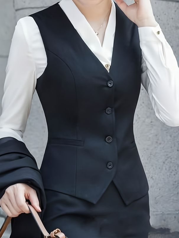 "Minimalist V-Neck Vest For Women - Lightweight Polyester, Sleek Layering Piece For Office & Casual Wear (Black, S-XXL)"_ecoleips.com