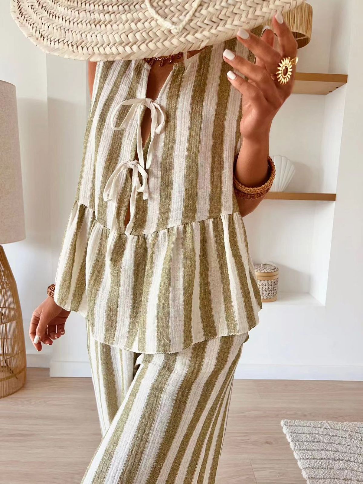 Women's Clothing 2 Piece Pants Suit Striped Front Open Vest Top Wide Leg Casual Pants Summer_ecoleips.com