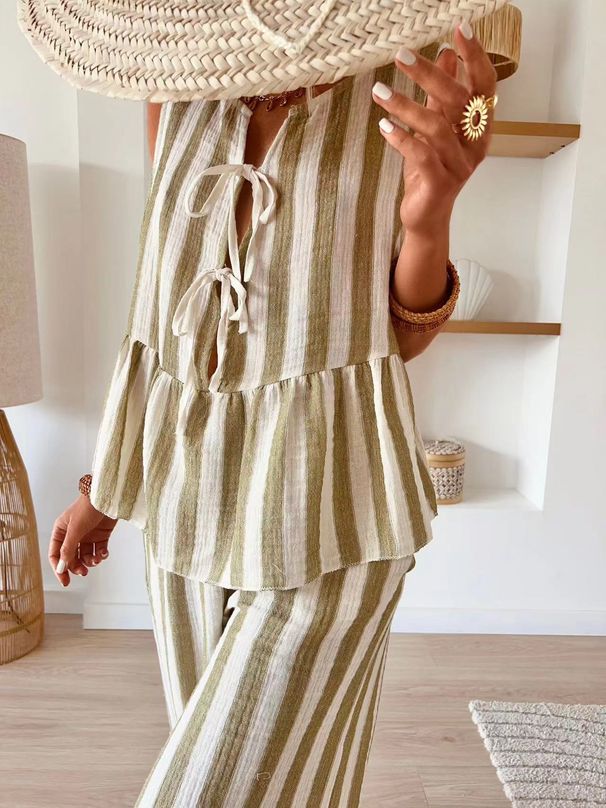 Women's Clothing 2 Piece Pants Suit Striped Front Open Vest Top Wide Leg Casual Pants Summer_ecoleips.com