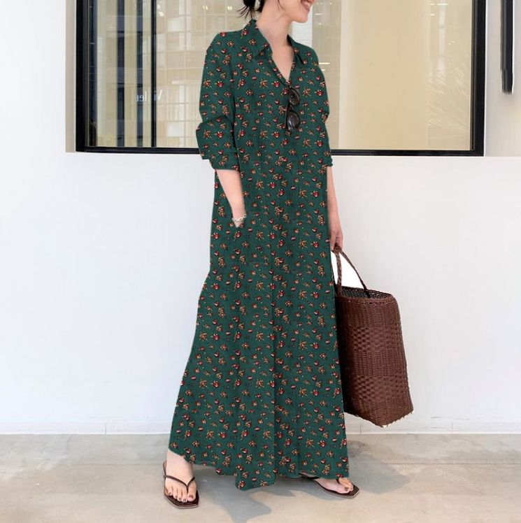 Cotton Linen Long Sleeve Printed Shirt Dress Casual Loose Women's Fashionable Dress With Pocket Elegant Style_ecoleips.com