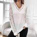 Women's Solid Color V Neck T-Shirt Top Lace Patchwork Rhinestone Lantern Sleeve Style Spring New_ecoleips.com