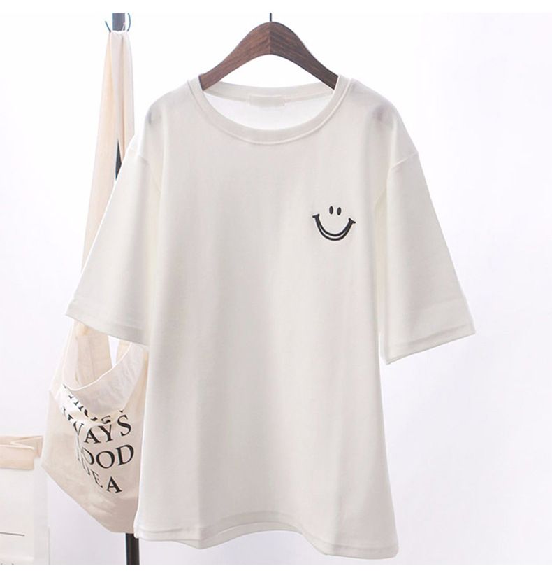 1pcs Girl Summer Smile Print T-shirts Women Classic Basic Fashion Tees Students Short Sleeve Loose Tops Female Round Neck Tshirt_ecoleips.com
