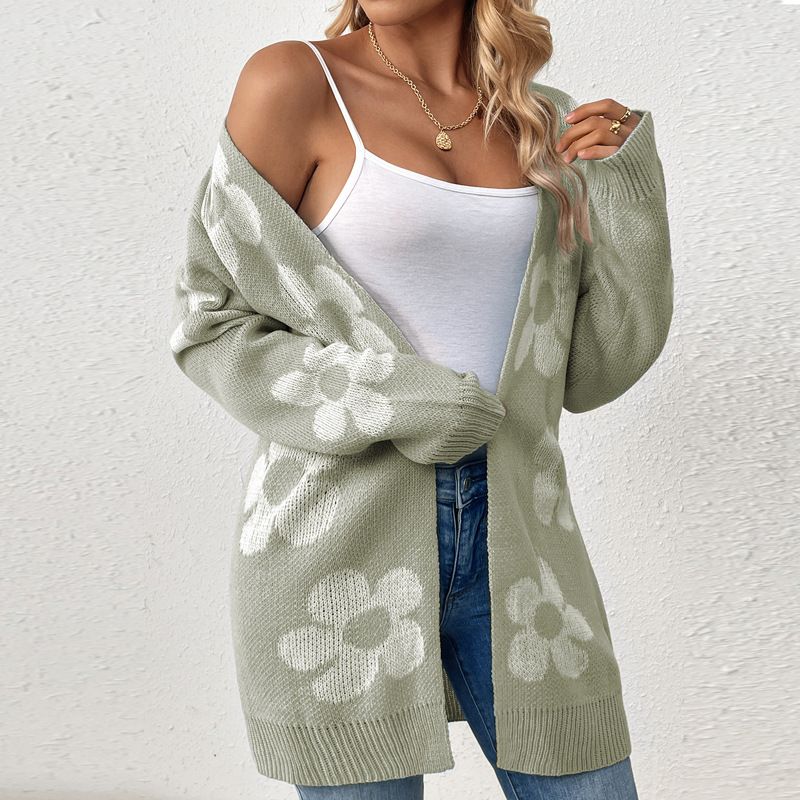 Women's Long Sleeve V-Neck Knit Cardigan - Oversized Floral Print Sweater Coat For Autumn & Winter_ecoleips.com