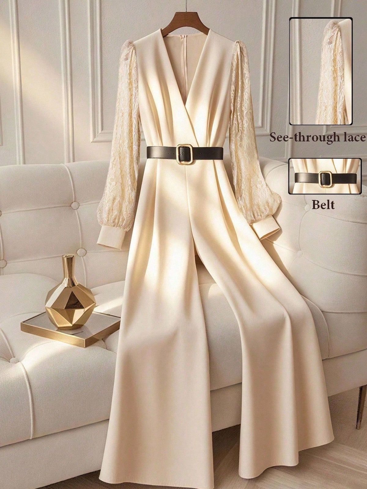 Women's V-Neck Jumpsuit Lace Trim Wide Leg Flowy Sleeves Elegant Spring Autumn_ecoleips.com