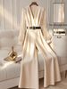 Women's V-Neck Jumpsuit Lace Trim Wide Leg Flowy Sleeves Elegant Spring Autumn_ecoleips.com