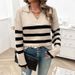 Women's Autumn/Winter Casual Loose Striped Collared Sweater With Contrasting Colors_ecoleips.com
