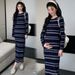 Autumn New Korean Fashion Striped Knitted Sleeve Long Dress For Pregnant Women_ecoleips.com