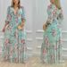 Women's Clothing Printed V Neck Lantern Sleeve Waist Dress_ecoleips.com