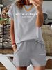 Summer New Pink Letter Pattern T-Shirt, Casual Print Round Neck Short Sleeve Top With Elastic Waist Pocket Women's Two-Piece Set-291_ecoleips.com