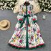 Elegant Retro Fashion Print Dress for Women Stand Collar Single Breasted with Tie Waist Full Skirt European And American Style_ecoleips.com