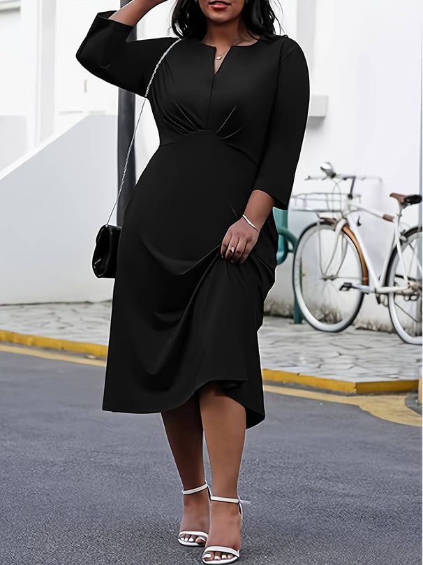 Women's Plus Size Casual Dress, Plus Size Solid Color Fashionable Casual Elegant Small V-Neck Design Dress_ecoleips.com