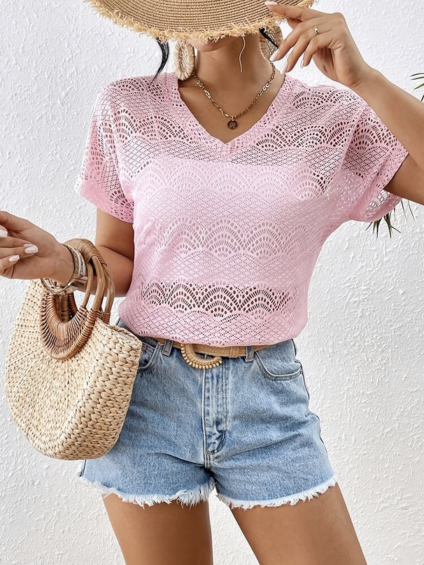 Women's Summer Fashion Loose T-Shirt V Neck Batwing Short Sleeve Solid Color Lace European American Style Top for Vacation_ecoleips.com