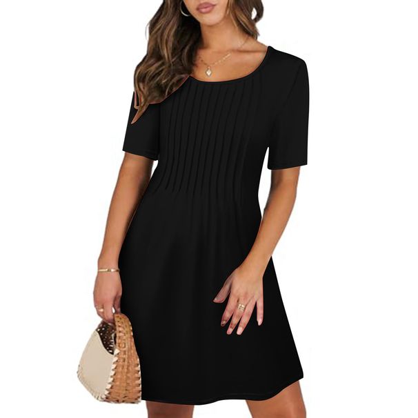 2025 Loose New Pleated Round Neck Dress Striped Solid Color Women's Fashion_ecoleips.com