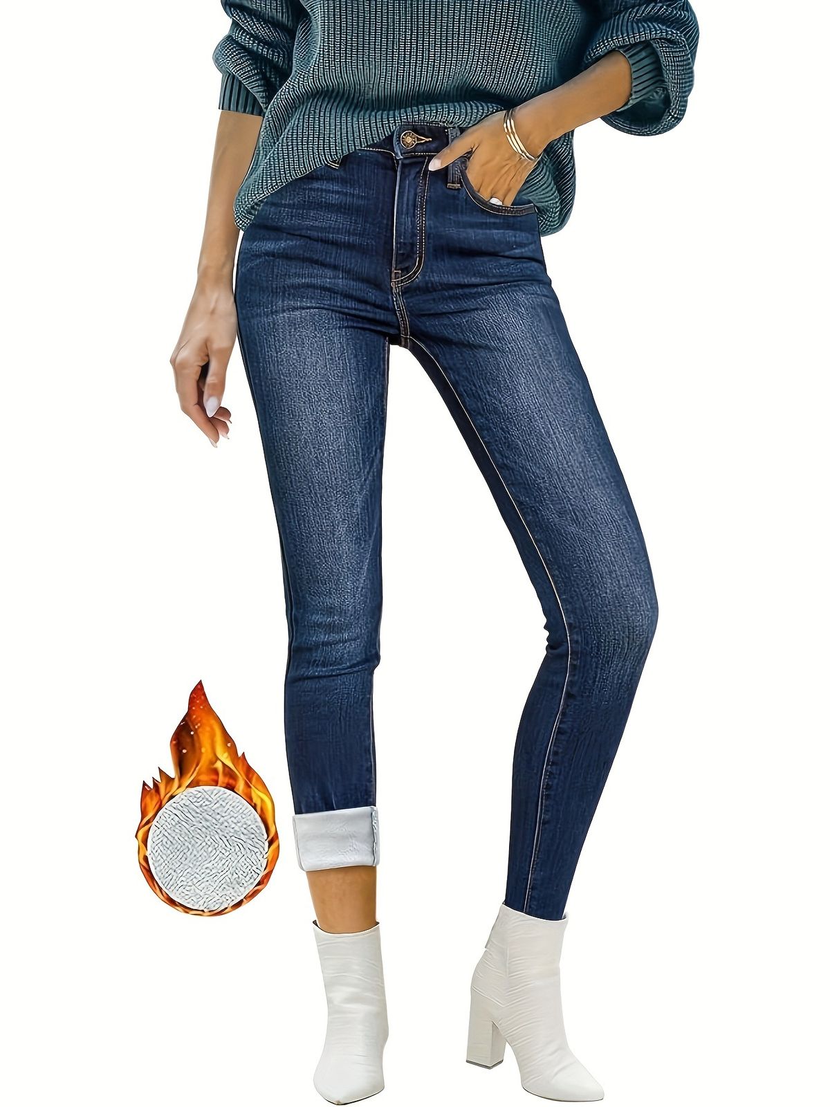 Women's Clothing Front Button Pocket Simple Plus Velvet Skinny Pants_ecoleips.com