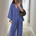 Women's Clothing Women's Fashion Casual Set V Neck Single Button Loose Fitting Long Sleeved Top And High Waisted Trousers Two Piece Set_ecoleips.com