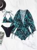 Verve 2025 Long Sleeve Three-Piece Set Mesh Waist Drawstring Printed Two-Piece Bikini Swimsuit For Women_ecoleips.com