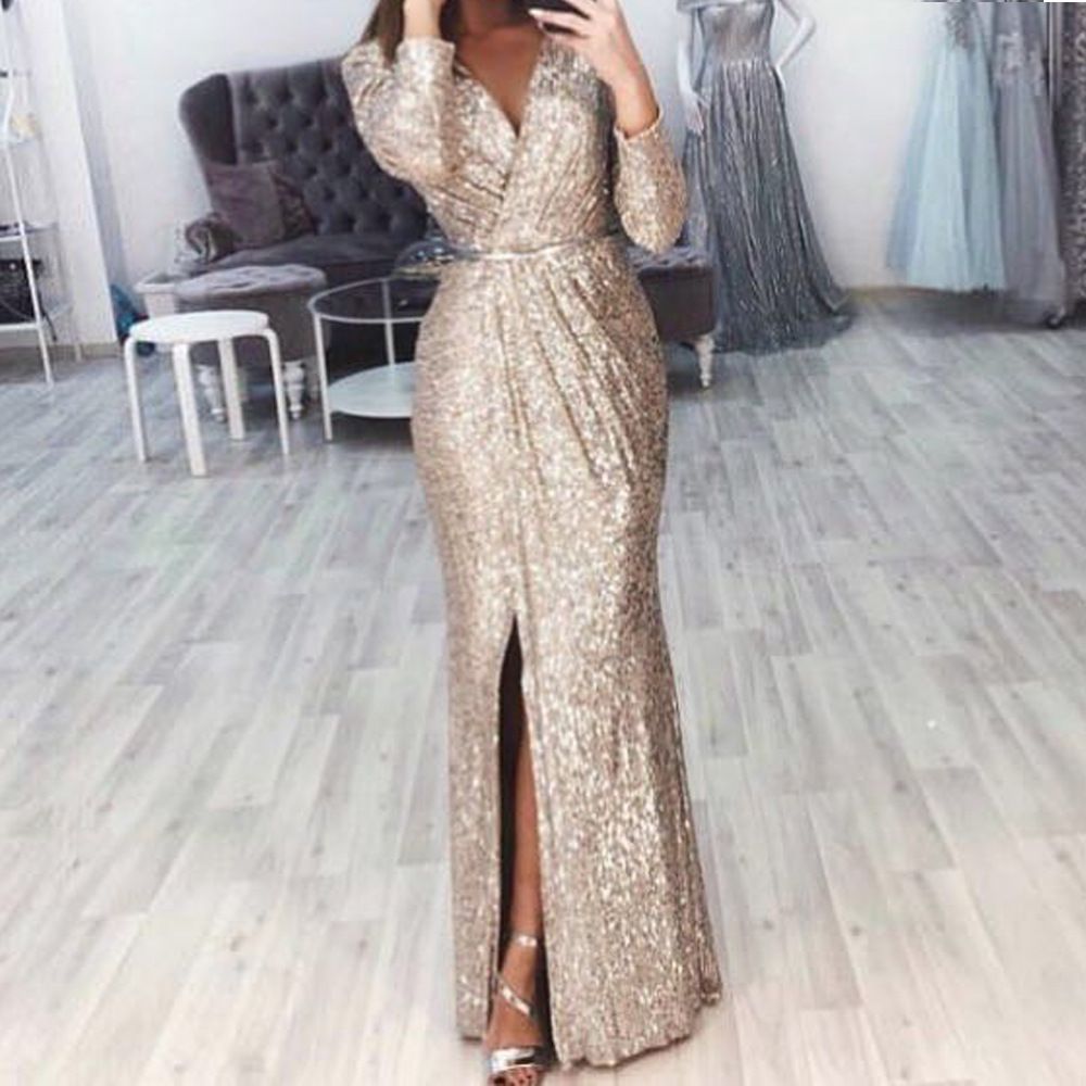 Women's Clothing Women's long dress evening dress deep V-neck sparkling evening sexy dress_ecoleips.com
